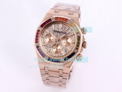 Frosted Gold Audemars Piguet Royal Oak Chronograph Watch Rainbow Diamond Bezel